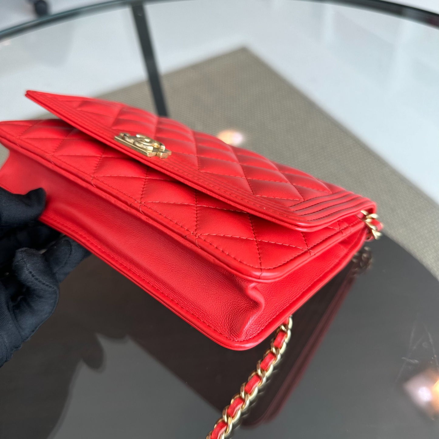 WOC Wallet On Chain Boy Lambskin Salmon Red GHW No 23