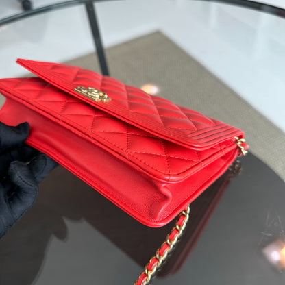 WOC Wallet On Chain Boy Lambskin Salmon Red GHW No 23