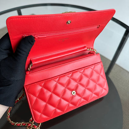 WOC Wallet On Chain Boy Lambskin Salmon Red GHW No 23