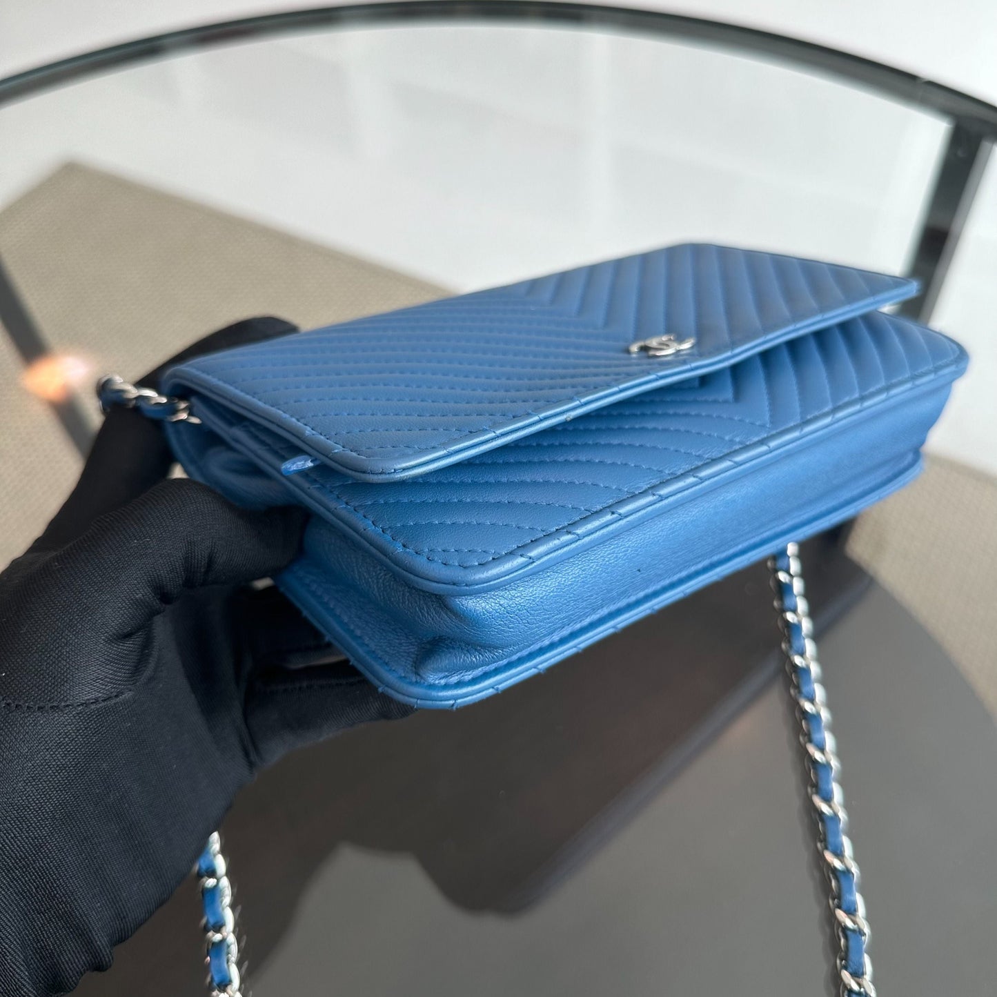 WOC Wallet On Chain Lambskin Chevron Blue SHW NO 22