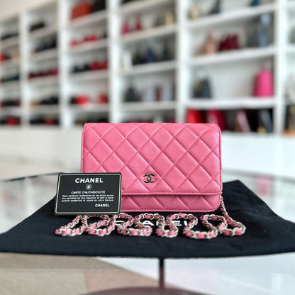 WOC Wallet On Chain Lambskin Quilted Flap Pink SHW No 16