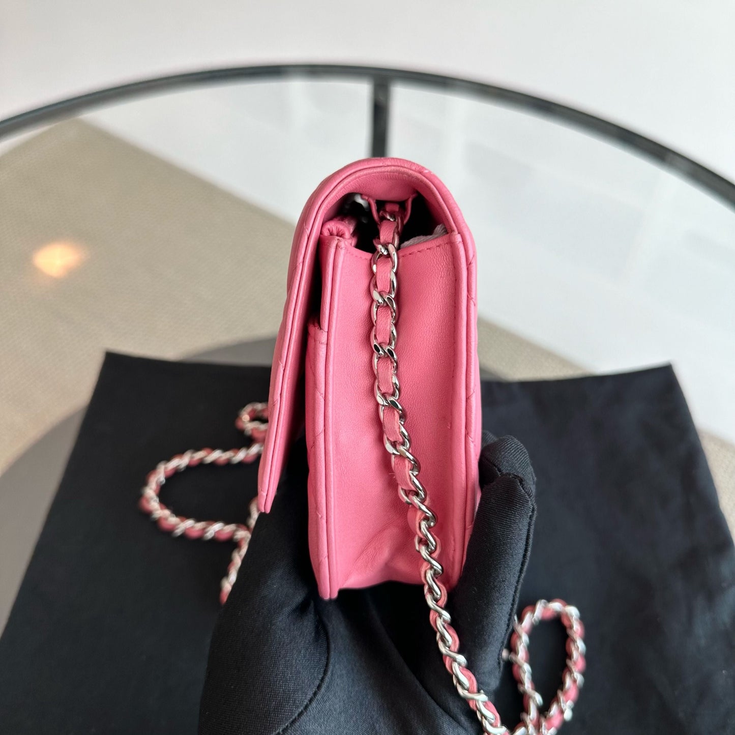 WOC Wallet On Chain Lambskin Quilted Flap Pink SHW No 16