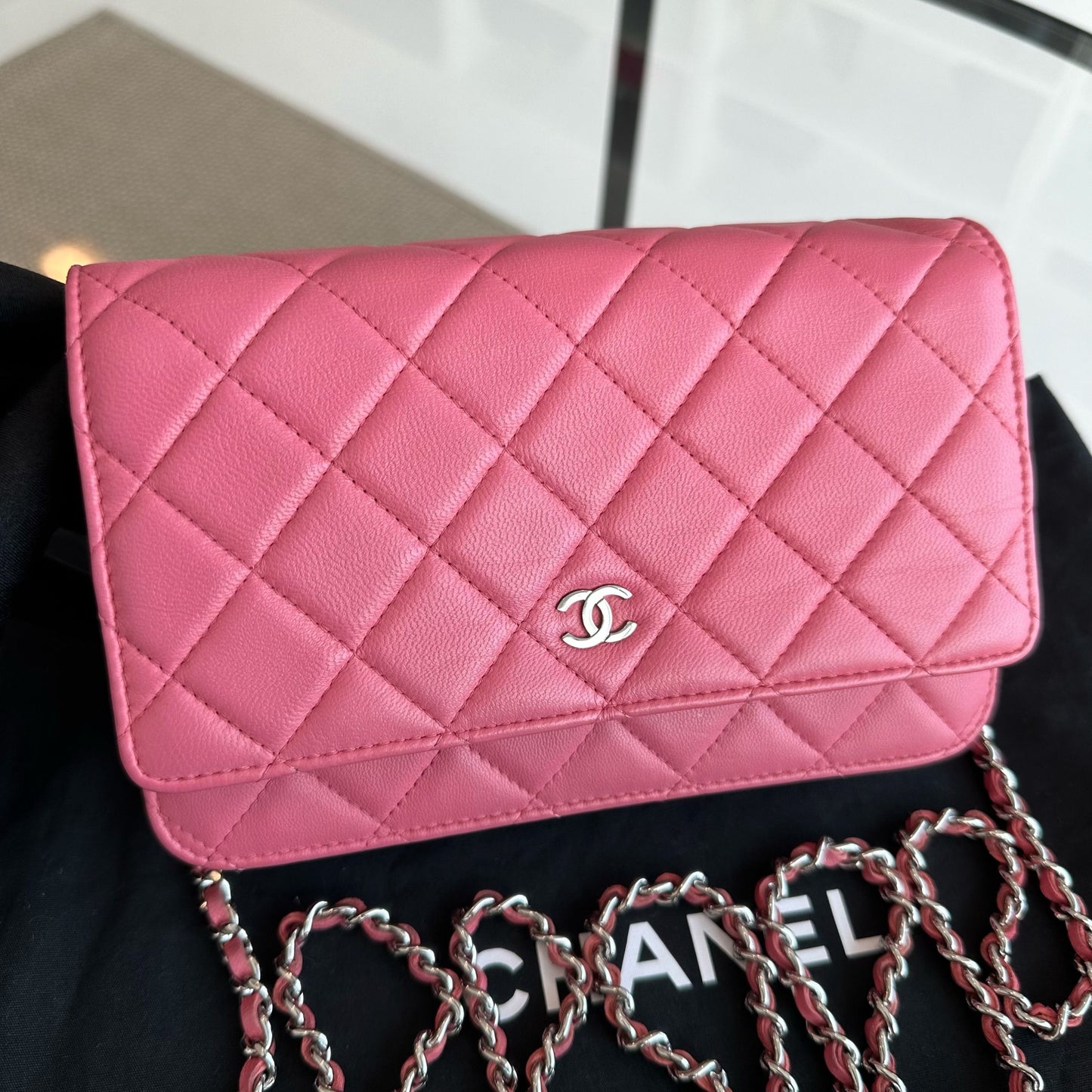 WOC Wallet On Chain Lambskin Quilted Flap Pink SHW No 16