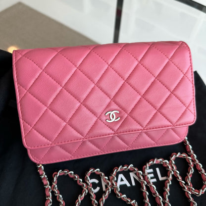 WOC Wallet On Chain Lambskin Quilted Flap Pink SHW No 16