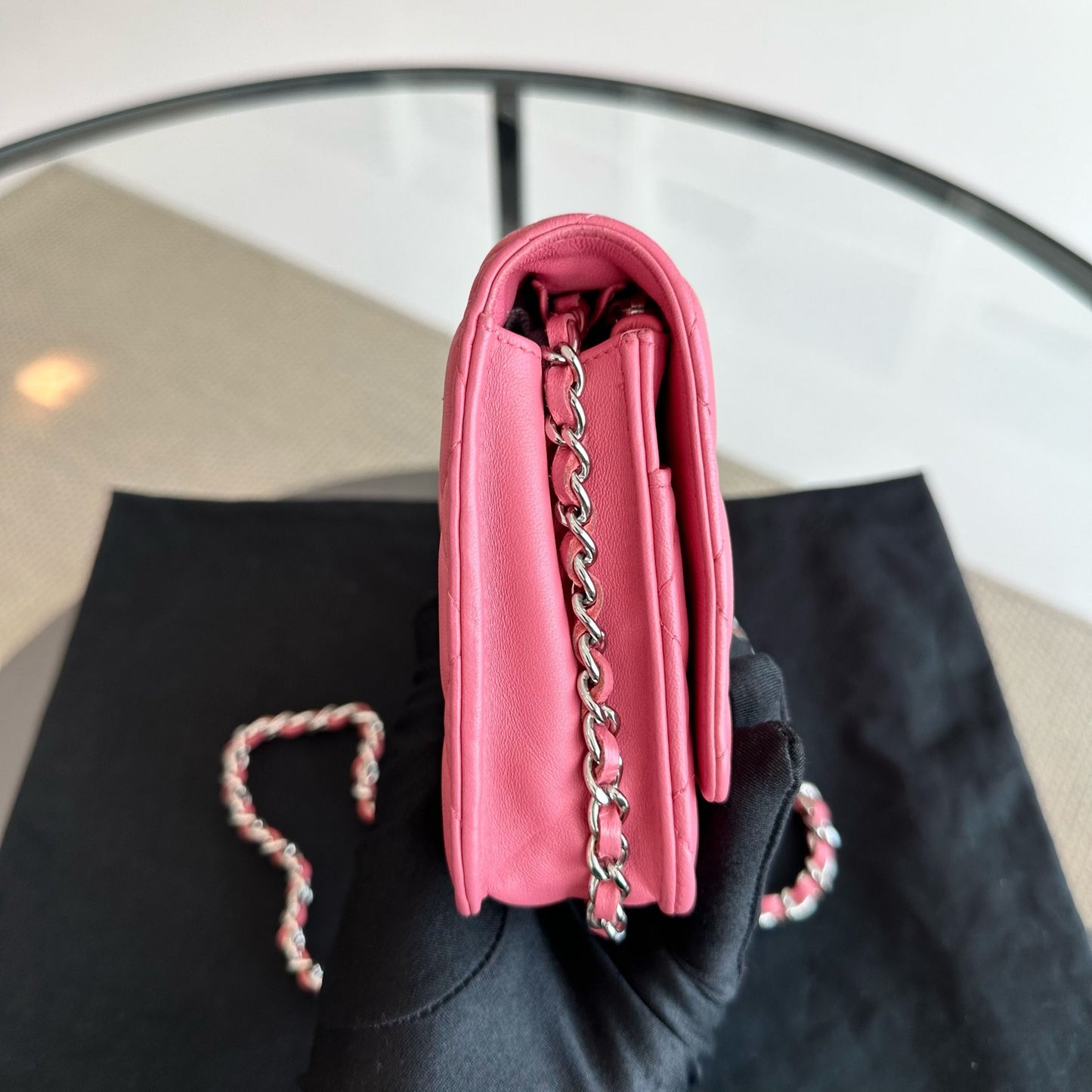 WOC Wallet On Chain Lambskin Quilted Flap Pink SHW No 16
