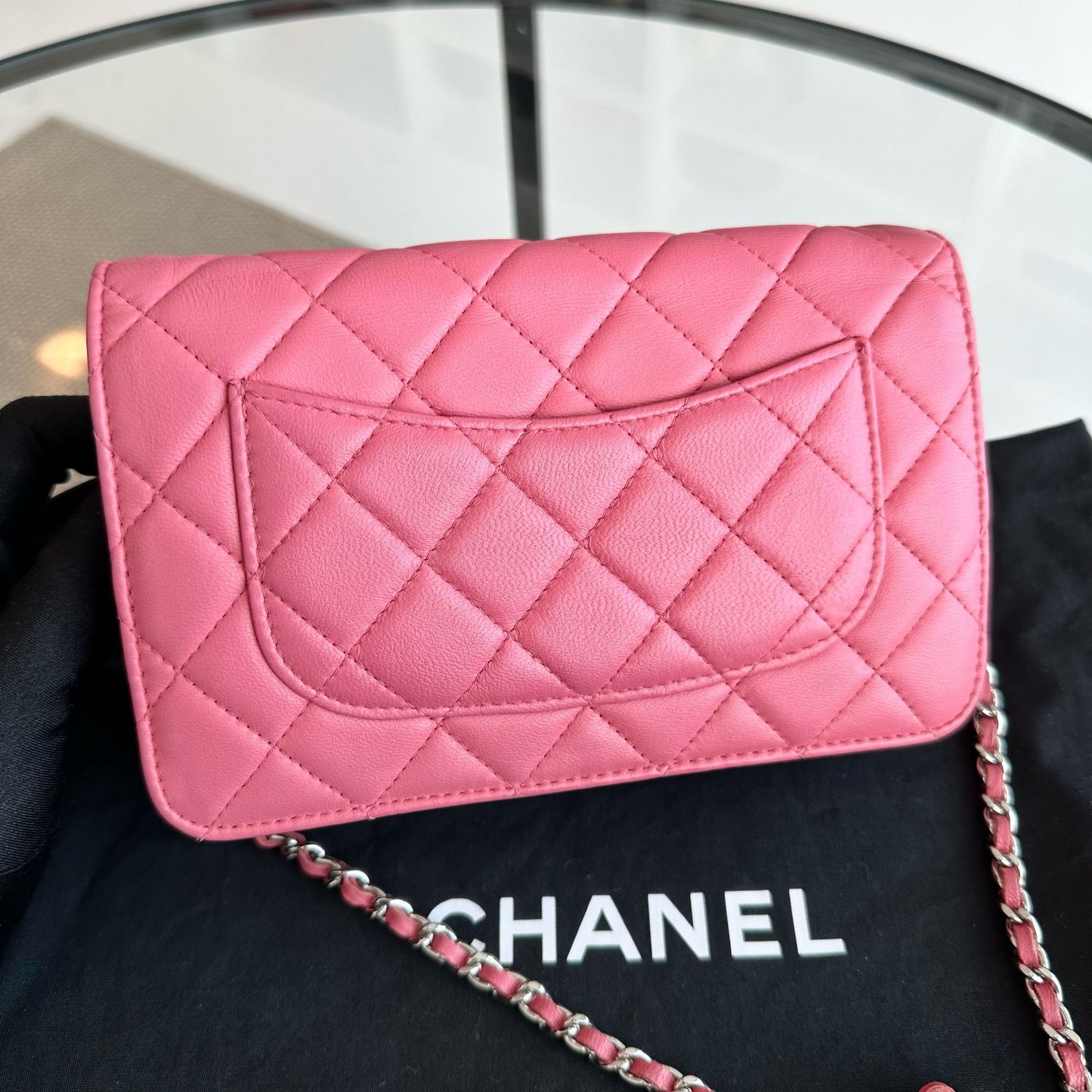WOC Wallet On Chain Lambskin Quilted Flap Pink SHW No 16