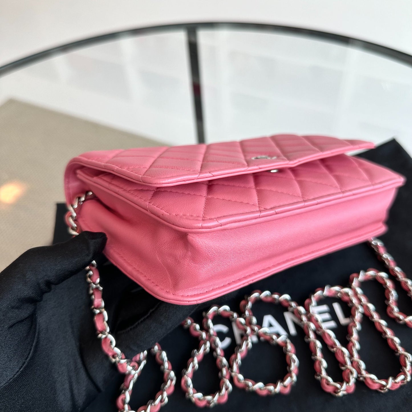 WOC Wallet On Chain Lambskin Quilted Flap Pink SHW No 16