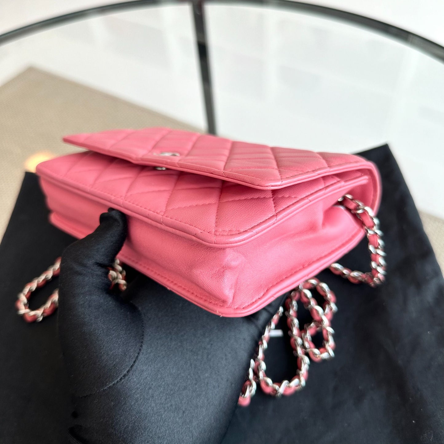 WOC Wallet On Chain Lambskin Quilted Flap Pink SHW No 16