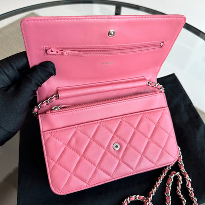 WOC Wallet On Chain Lambskin Quilted Flap Pink SHW No 16