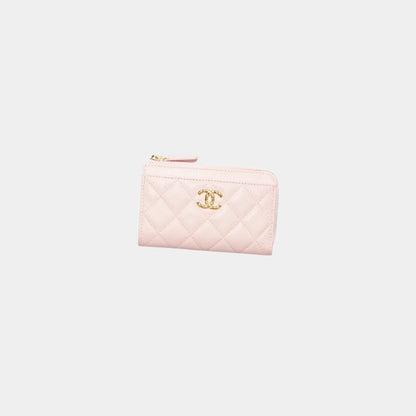 Chanel Zipped Card Holder in Grained Shiny Calfskin, Light Pink, Front