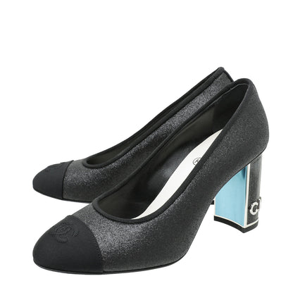 Chanel Black CC Glitter Grosgrain Cap Toe Logo Pumps 37