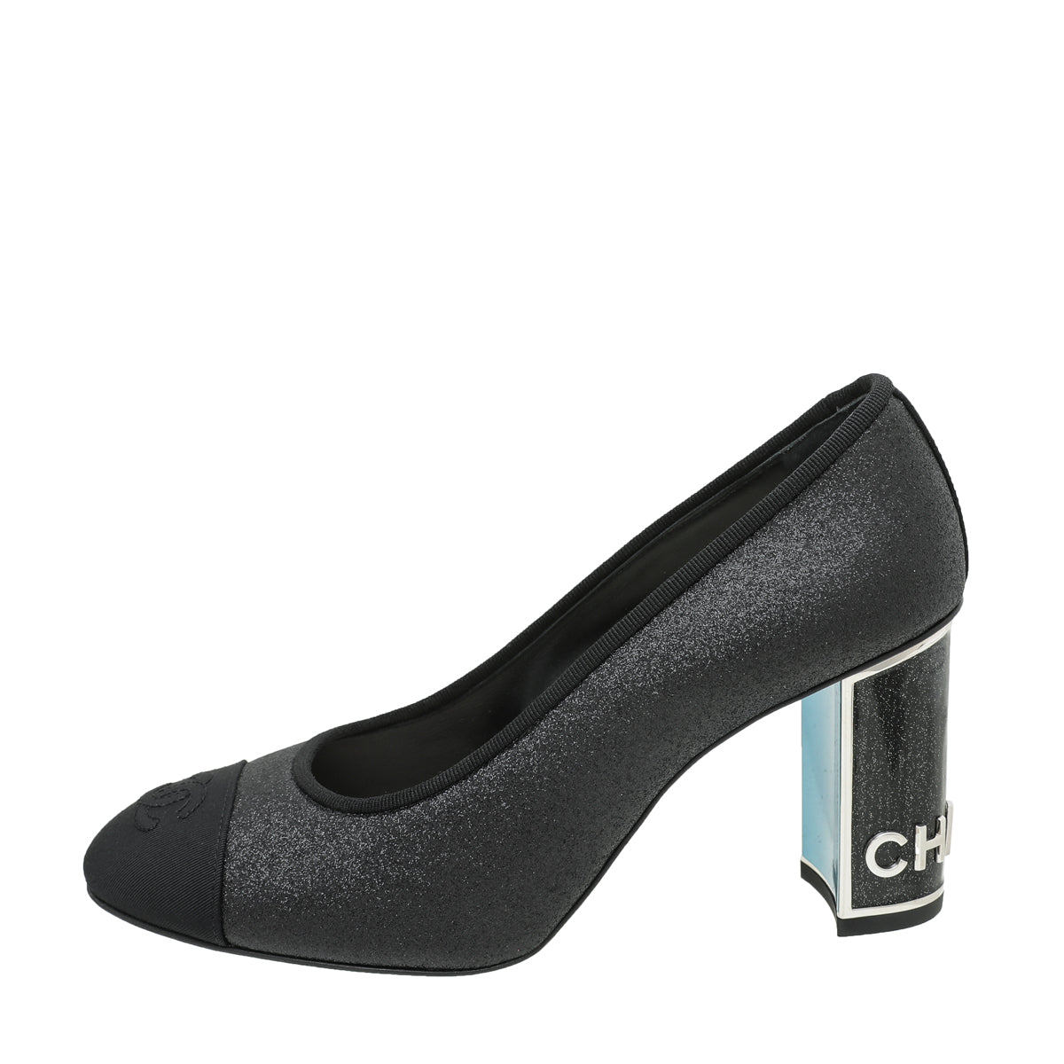 Chanel Black CC Glitter Grosgrain Cap Toe Logo Pumps 37