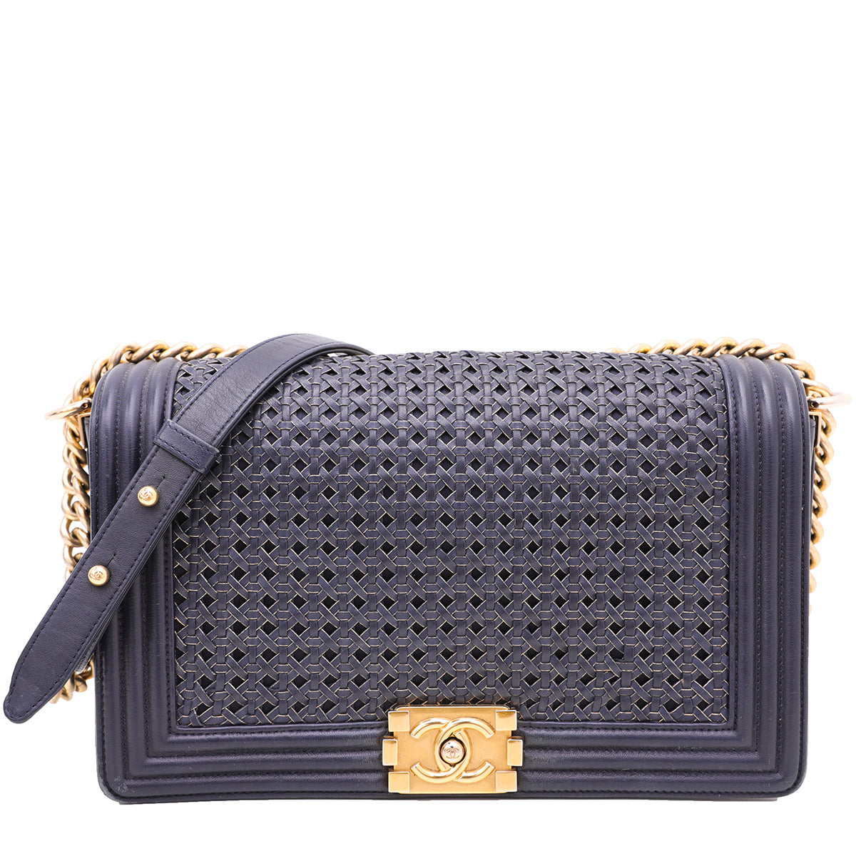 Chanel Navy Blue Braided Le Boy Reverso Flap Bag