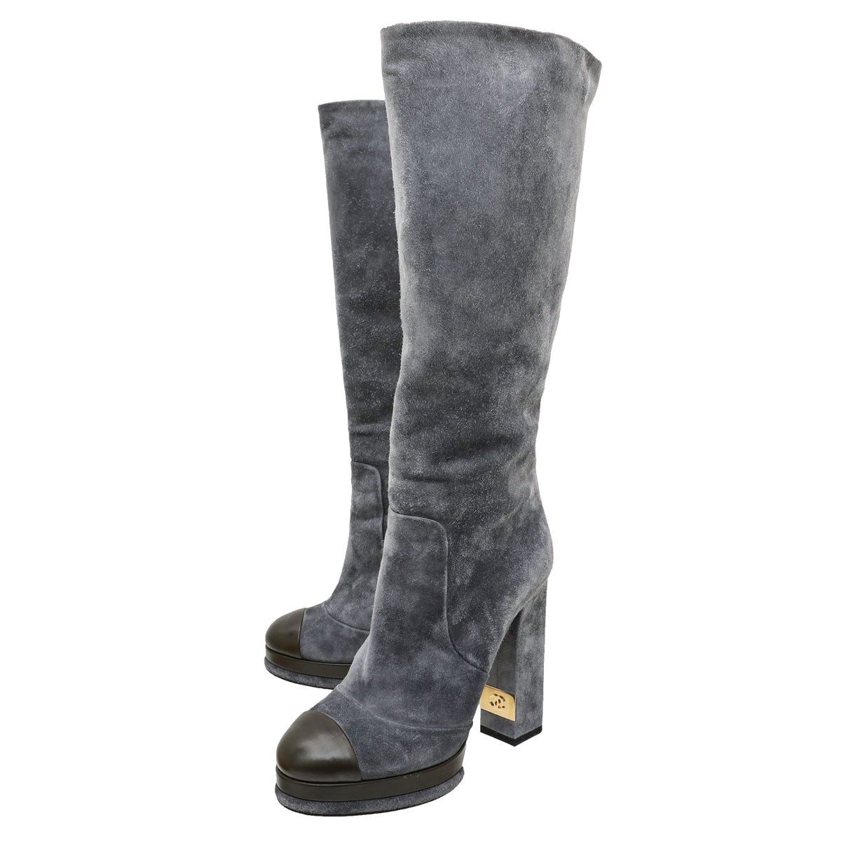 Chanel Gray CC Cap Toe Suede Knee High Platform Boots 38