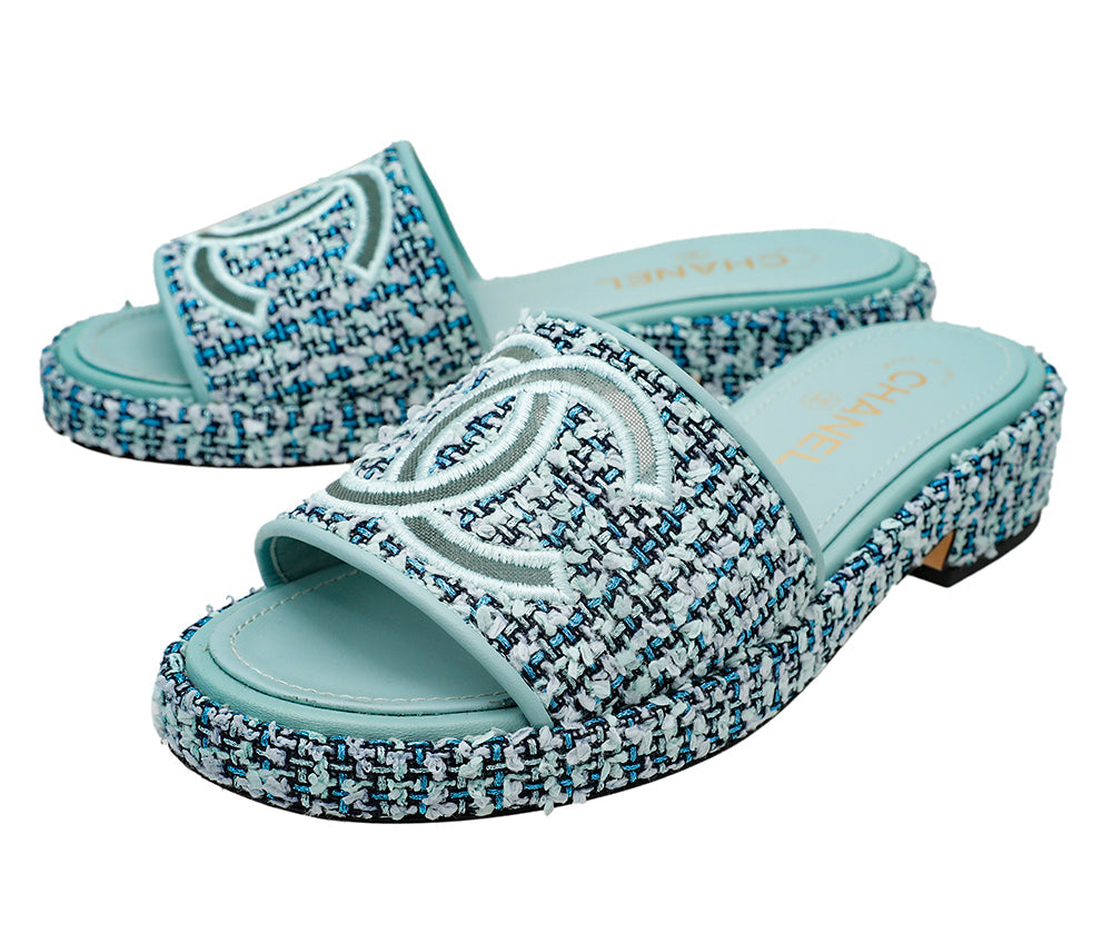 Chanel Light Blue CC Mesh Tweed Slide Mules 38