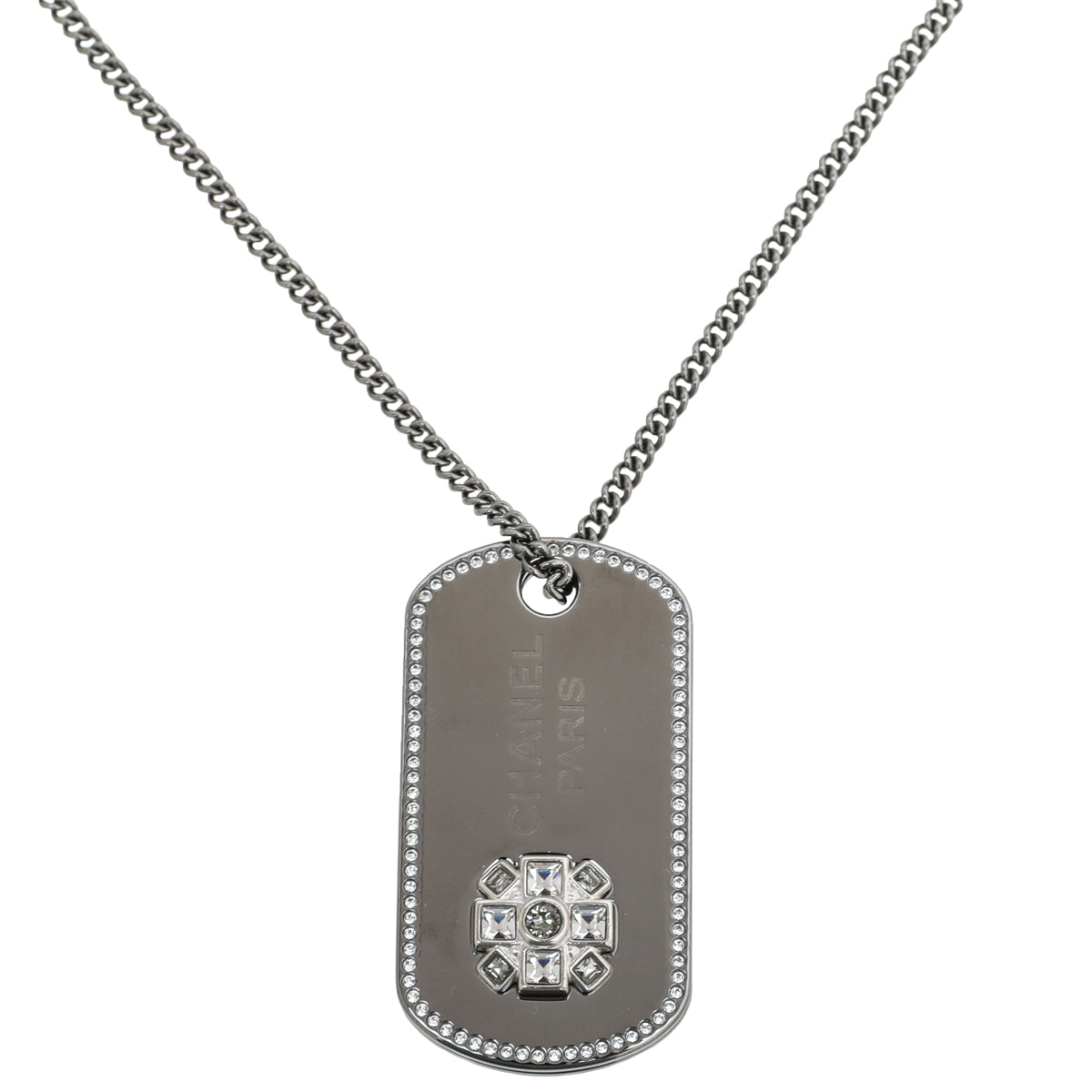 Chanel CC Metal Crystal Ruthenium Dog Charm Necklace