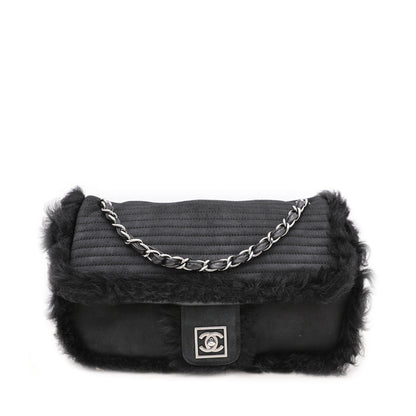 Chanel Black CC Mouton Fur Flap Bag