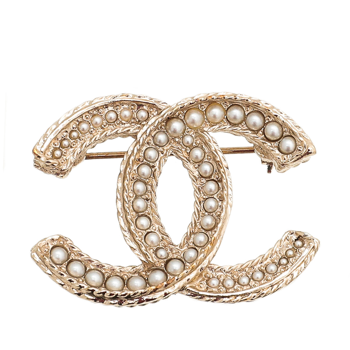 Chanel White CC Pearl Brooch