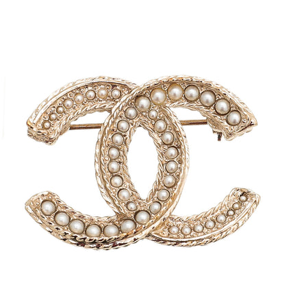 Chanel White CC Pearl Brooch