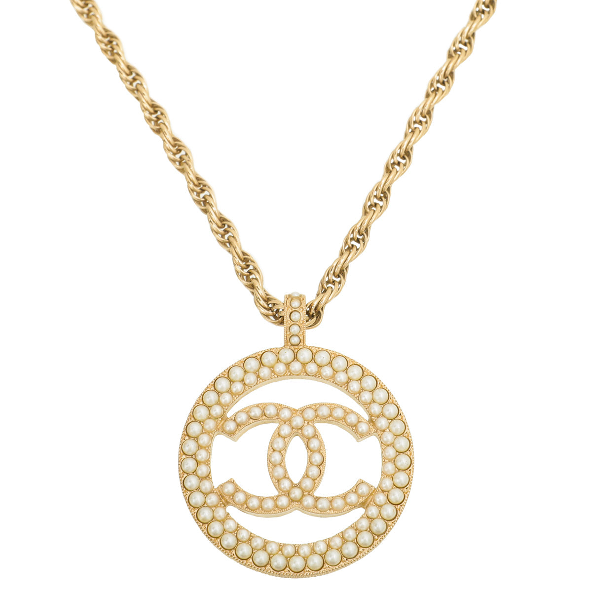 Chanel White CC Pearl Round Pendant Necklace