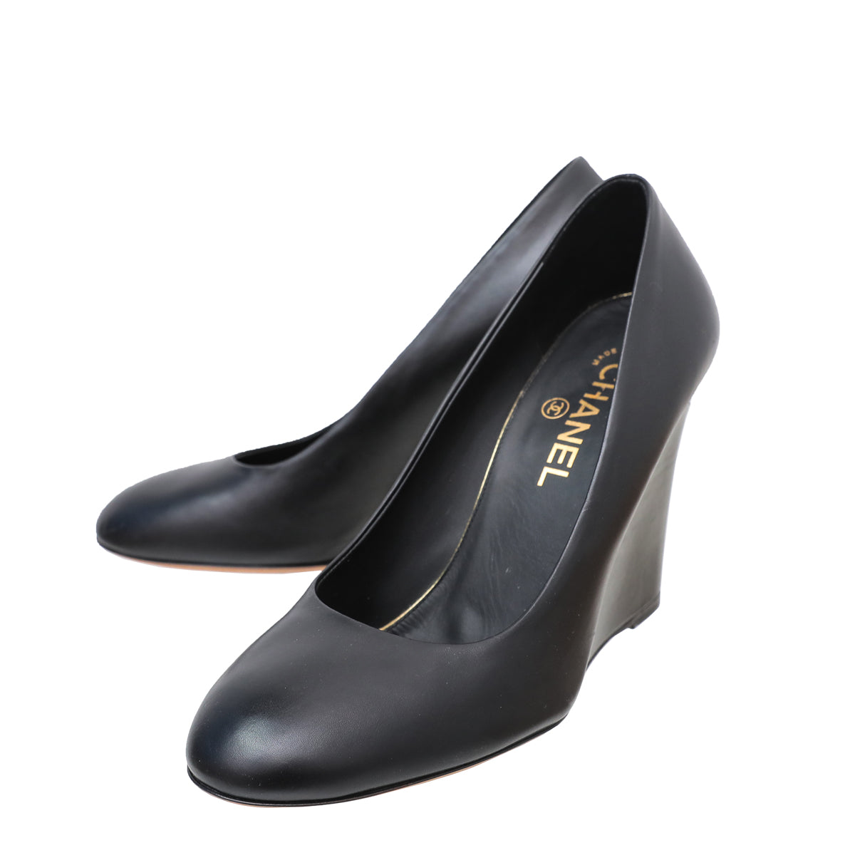 Chanel Black CC Pearl Wedge Pump 39