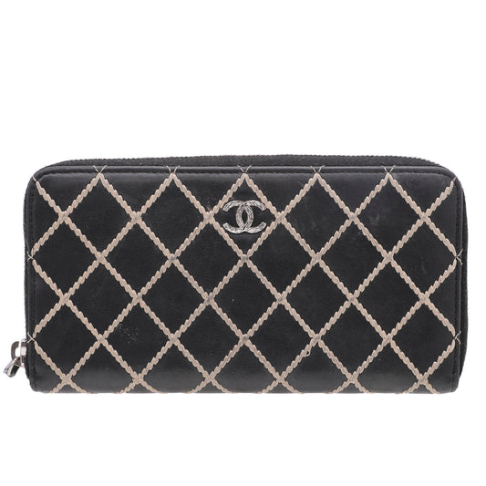 Chanel Black Coco Mark Wild Stitch Zip Around Wallet