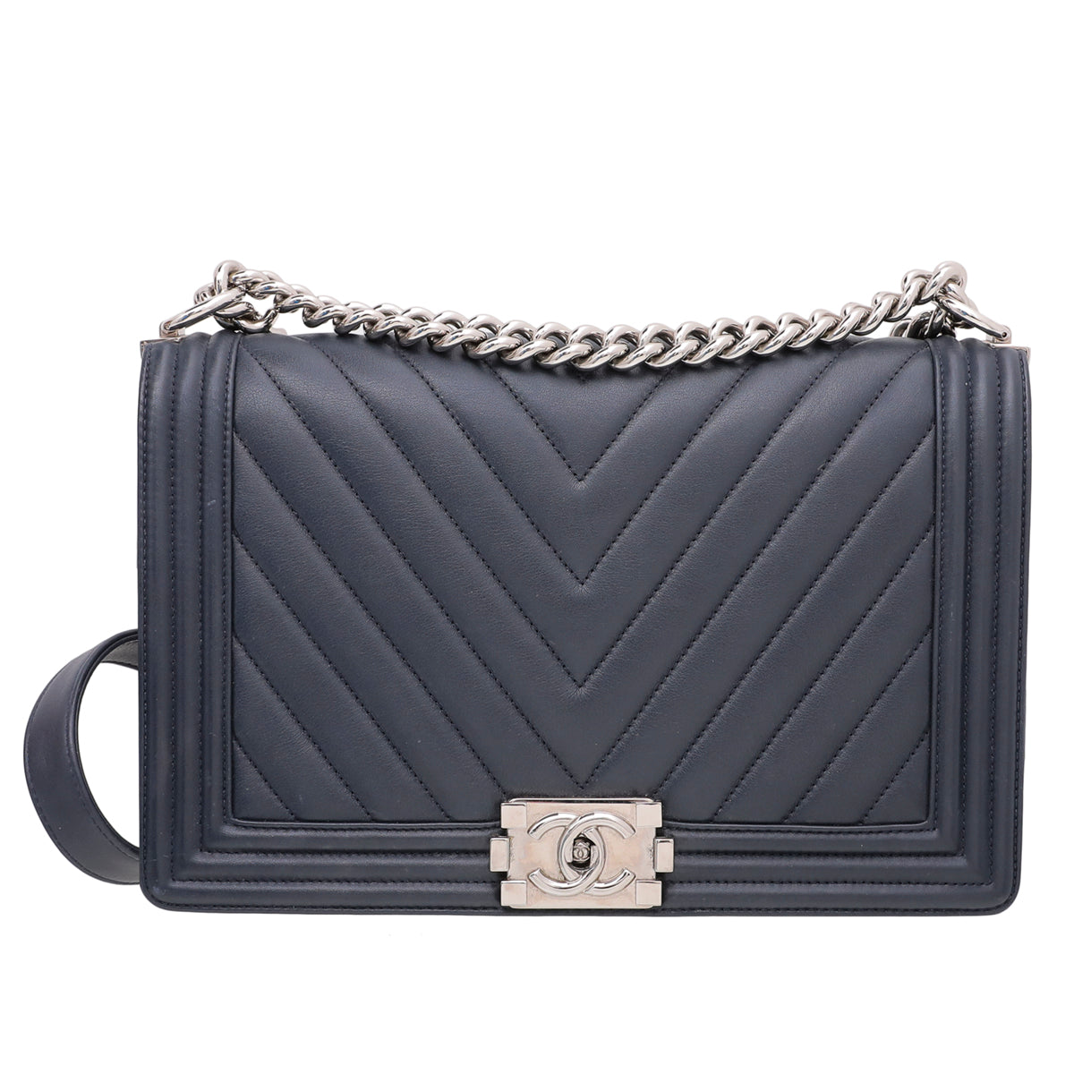 Chanel Navy Blue Le Boy Chevron New Medium Bag