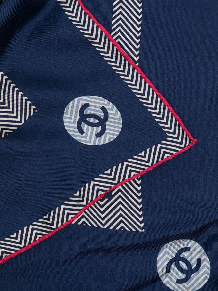 Navy CC Logo Pink Trim Silk Scarf