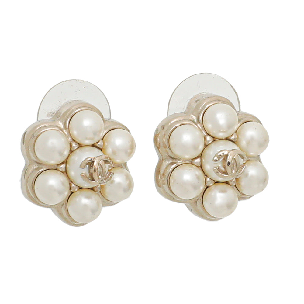 Chanel White Pearl CC Flower Earrings