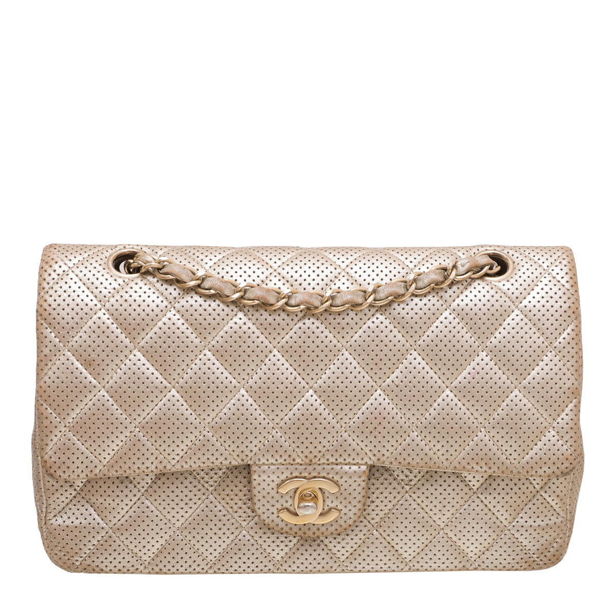Chanel Metallic Champagne Perforated Classic Double Flap Bag