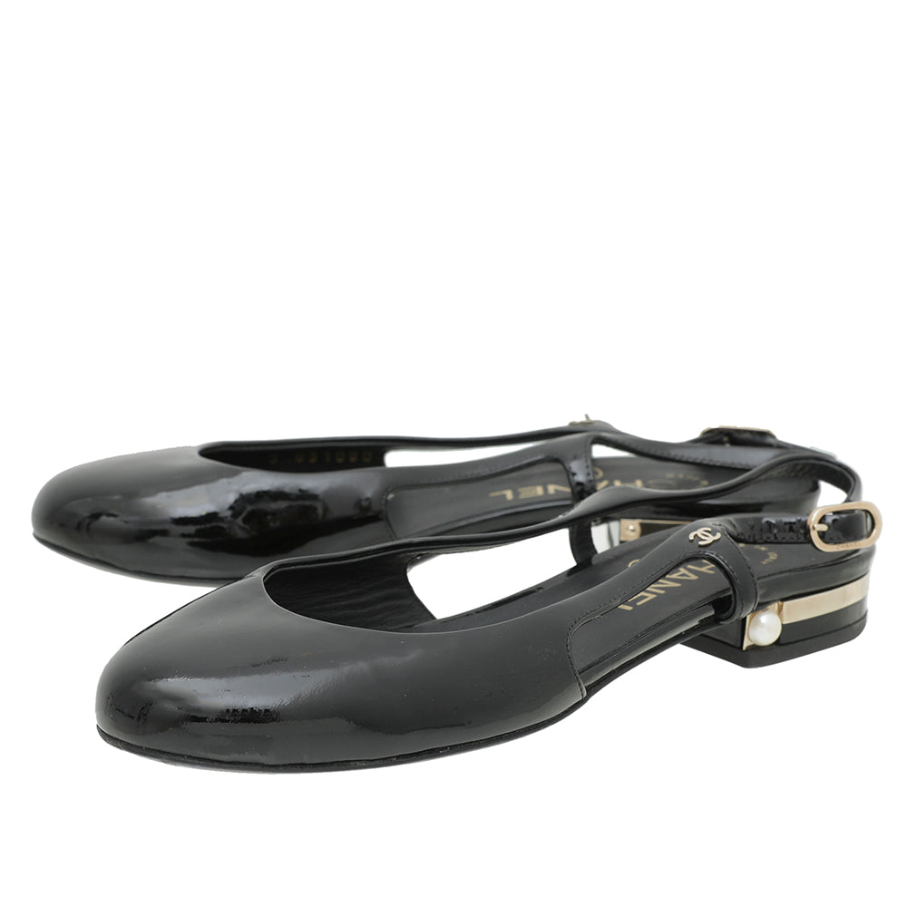 Chanel Black Round Toe Pearl Detail Flat Slingback 36
