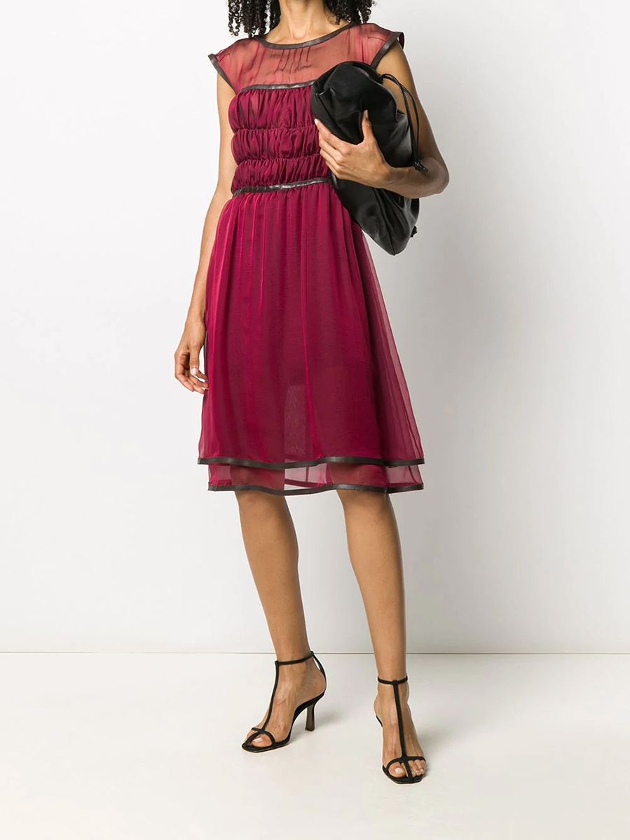 Silk Leather Trim Tulle Dress