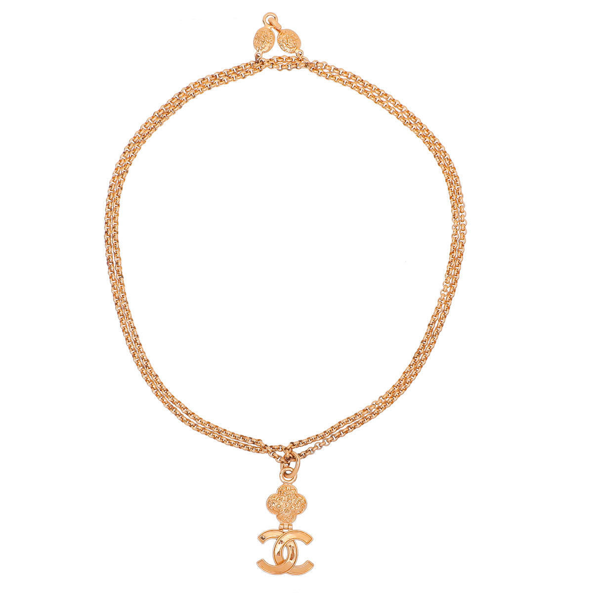 Chanel Vintage Gold Tone CC Logo Clover Pendant Necklace