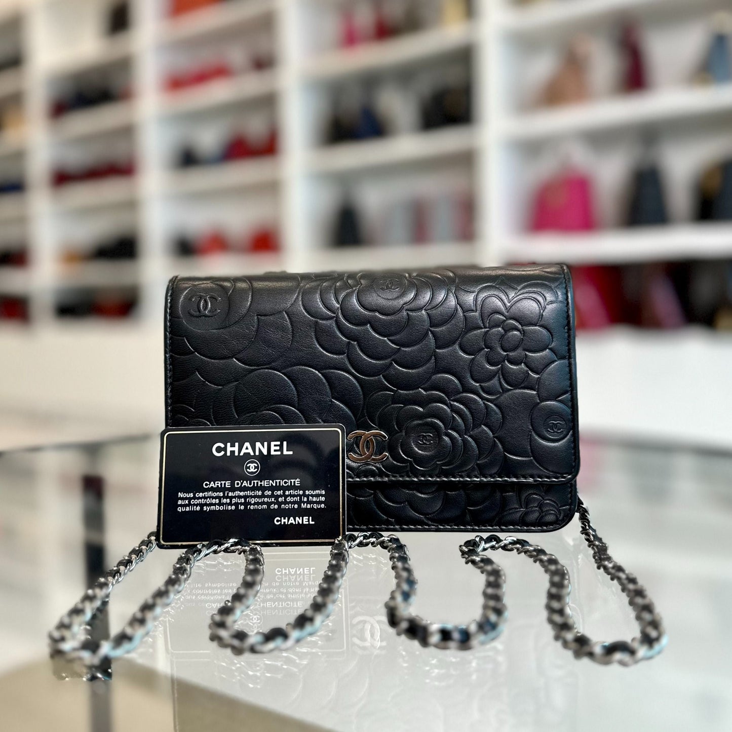 WOC Camellia Wallet On Chain Lambskin Black SHW No 20