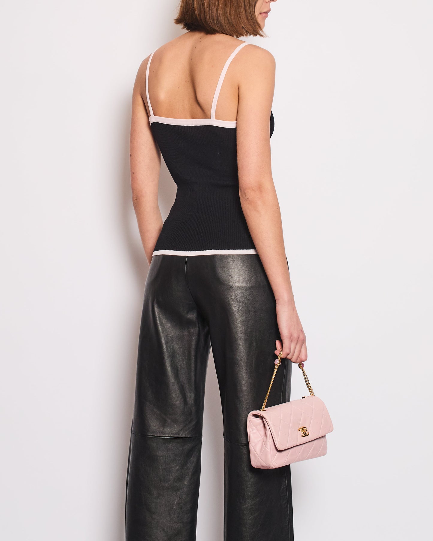 Chanel Black Tank Top with Pink Crystal CC Logo Straps and Bow Detail