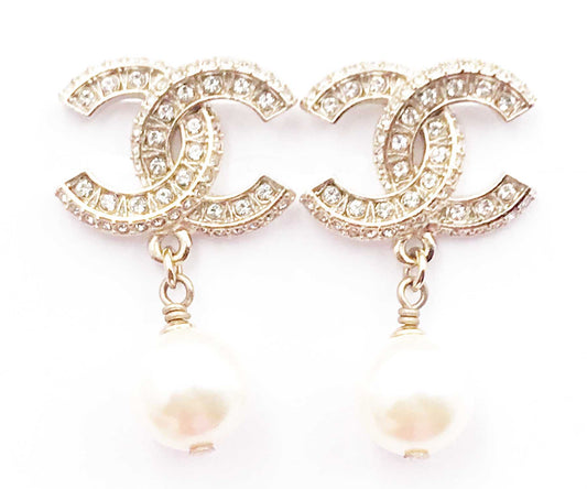 Chanel Classic Gold CC Crystal Block Piercing Earrings