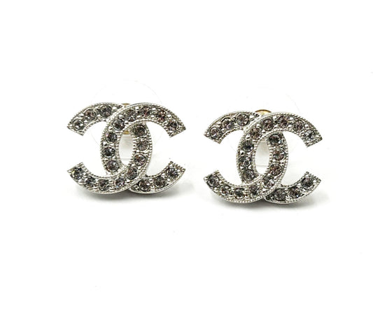 Chanel Classic Silver CC Crystal Reissued Piercing Earrings