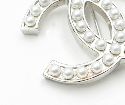 Chanel Classic Silver CC Pearl Brooch