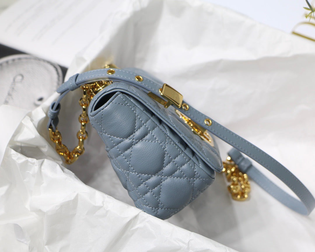 Cloud Blue Supple Cannage Calfskin Small Caro Bag Leather Shoulder Bag for Women