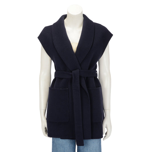 Dior Navy Wool Double Face Sleeveless Belted Coat FR 40