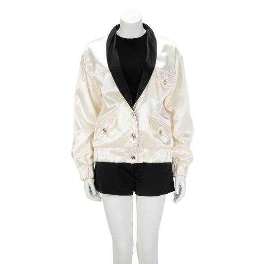 Chanel Cream & Black Satin Bomber Jacket FR 36