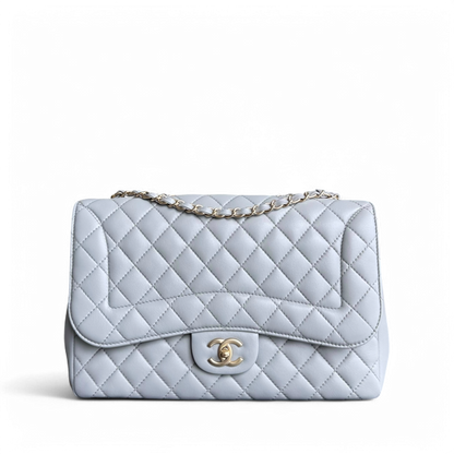 Chanel Mademoiselle Chic Flap Large - 30CM Quilted Lambskin Grey Gray Light Gold Hardware Series 21