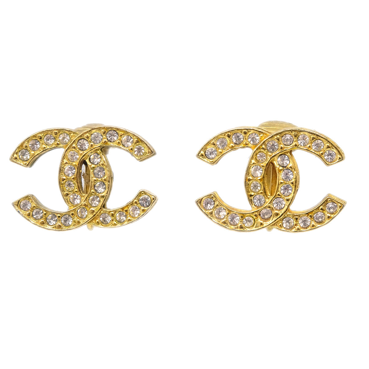 Chanel CC Rhinestone Earrings Clip-On Gold 2084