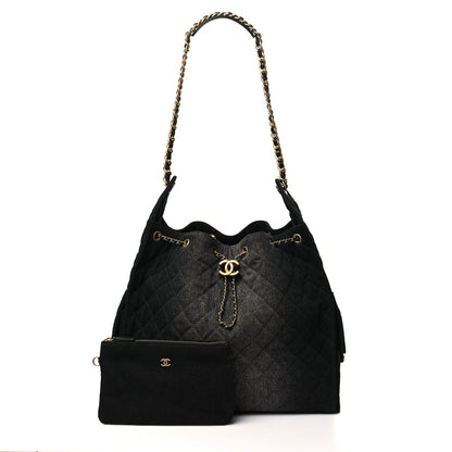 Washed Denim Quilted Medium Chanel 25 Handbag Black