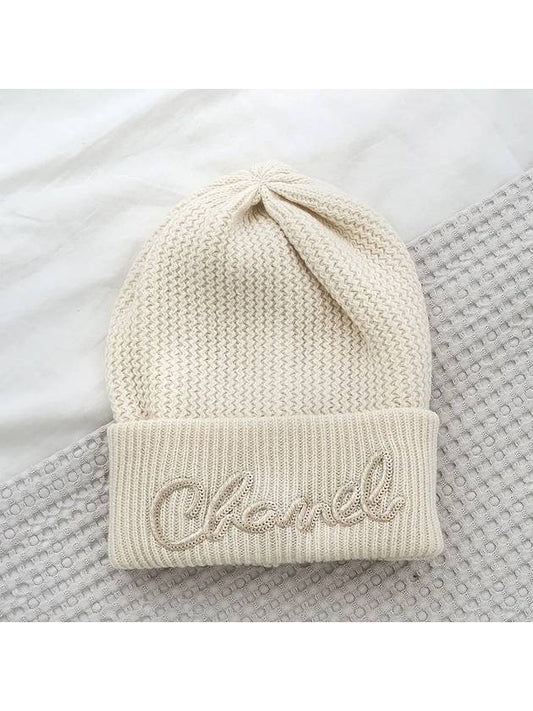 Logo Cashmere Beanie White Chanel