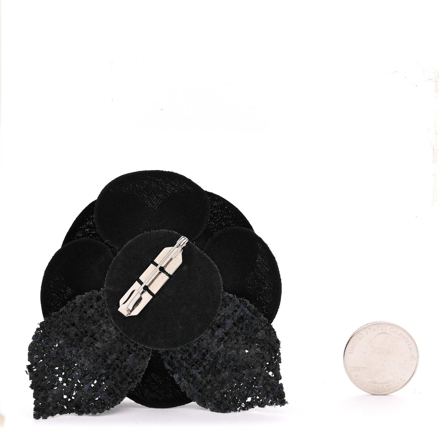 Tweed Fabric Camellia Pin Brooch Navy Blue Black