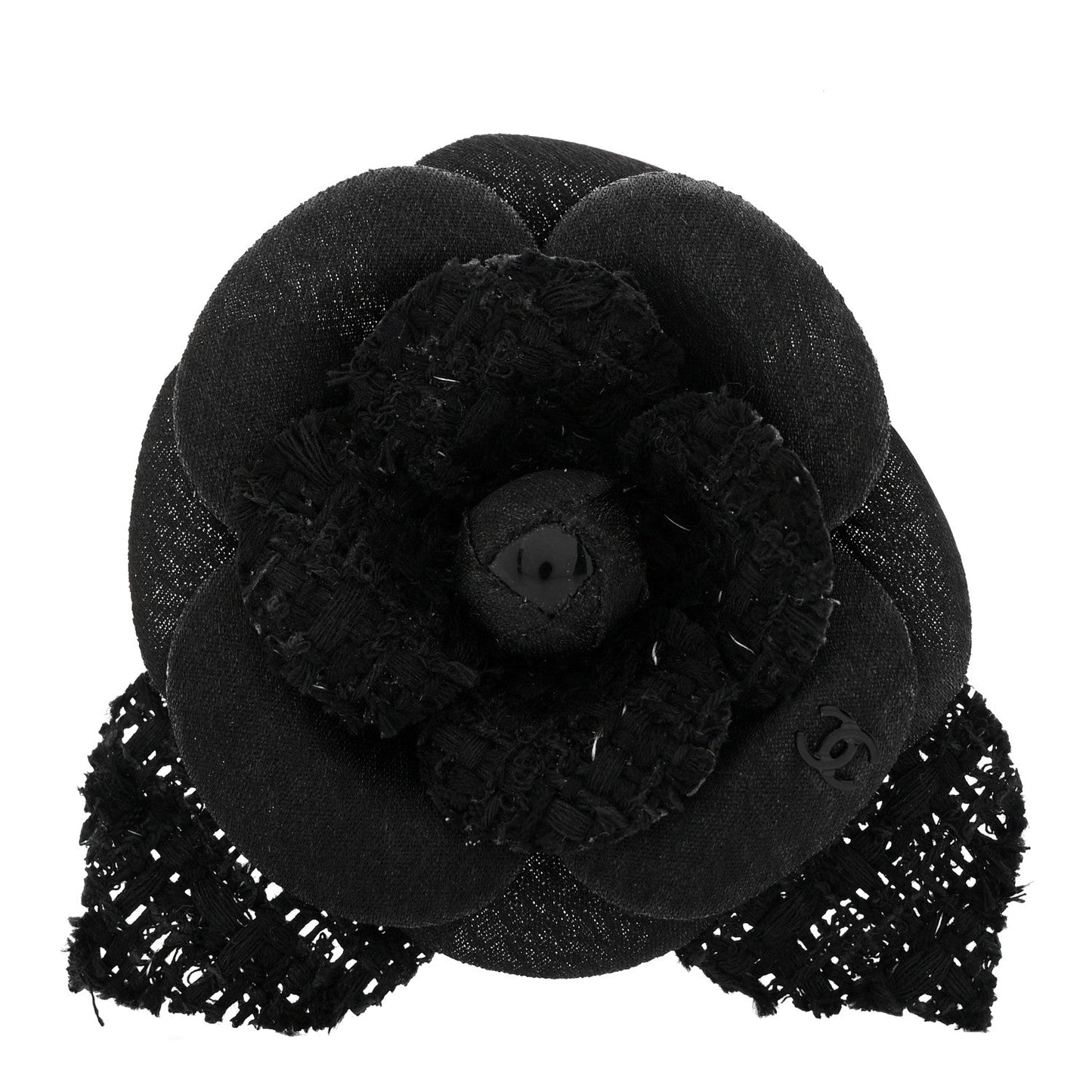 Tweed Fabric Camellia Pin Brooch Black
