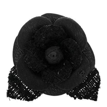 Tweed Fabric Camellia Pin Brooch Black