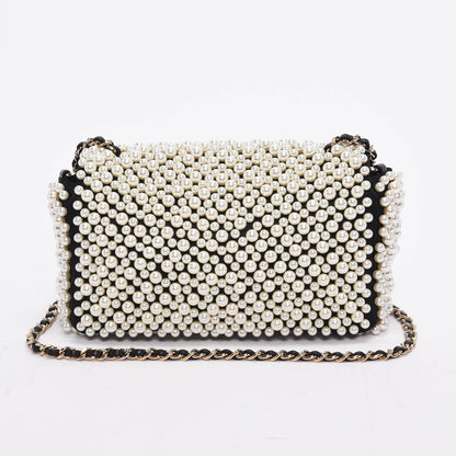 Chanel Black Satin & Lambskin Pearl On Flap Bag