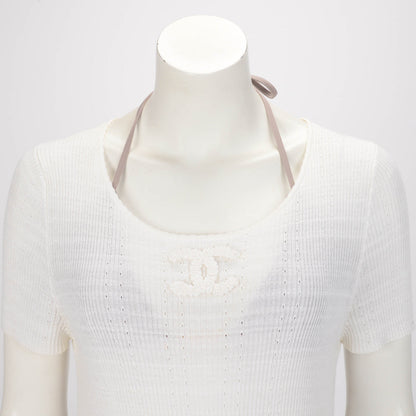 Chanel Ivory Cotton Pointelle CC Top FR 48